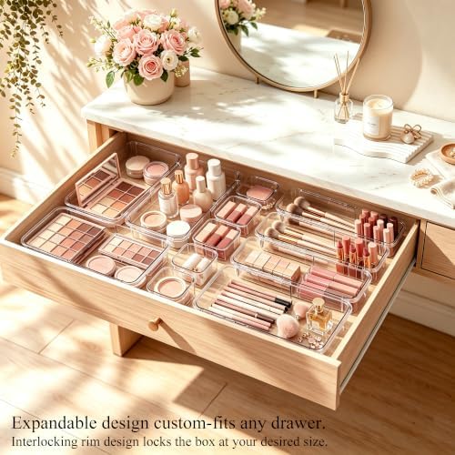 15Pcs Clear Expandable Drawer Organizer Bins for Vanity Desk Bathroom - Image 4