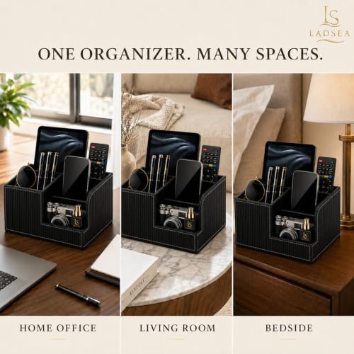 4-Compartment Faux Leather Pen Holder and Desk Organizer, Black - Image 3