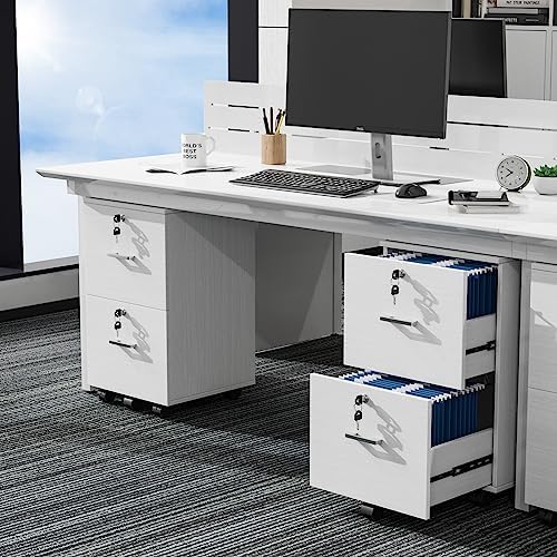 VINGLI 2 Drawer File Cabinet with Lock, Wood Grain White File Cabinets for Letter Size File Folders with Tabs, Mobile Under Desk Filing Cabinets for Home Office, Rolling Filing Cabinet Printer Stand - Image 2