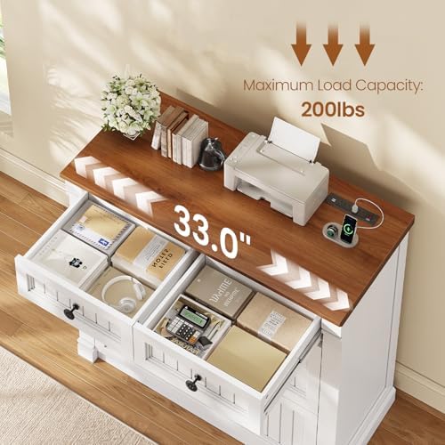 SEDETA 4 Drawers File Cabinet, 33" Farmhouse Filing Cabinets for Home Office fit Legal/Letter/A4 File, Wood Office File Cabinet with Power Outlets, Printer Stand with Storage, White+Brown - Image 5