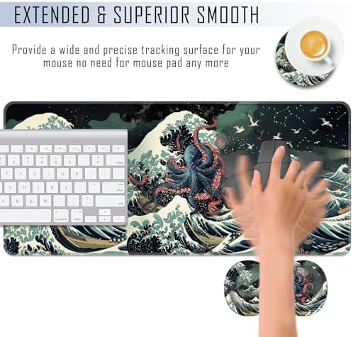 TGFEWYTJYJ Extended Gaming Mouse Pad,Memory Foam Ergonomic Keyboard Mouse Wrist Rest Support Set,Large Desk Mat with Stitched Edges,Non-Slip Base Mousepad Home Office,Octopus in The Japan Waves - Image 4