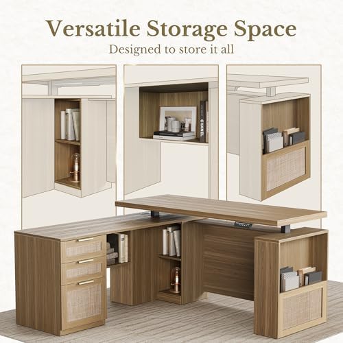 63 Inches L Shaped Standing Desk, Executive Electric Adjustable Desk with Storage Drawers and File Cabinet, AC/USB, 1.18" Thiken Desktop and Privacy Panel for Home Office, Natural Oak - Image 4