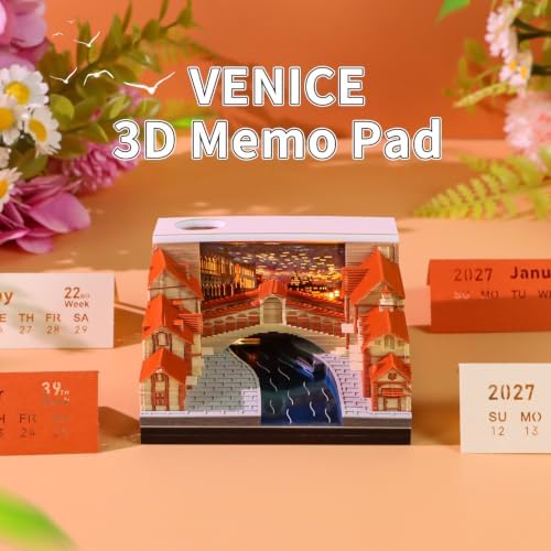 3D Calendar 2027, Unique 3D Memo Pad Tear Away Time Piece Calendar, Fun DIY Paper Carving Art 3D Desk Calendar Notepad Gift for Christmas, New Year (Venice) - Image 2