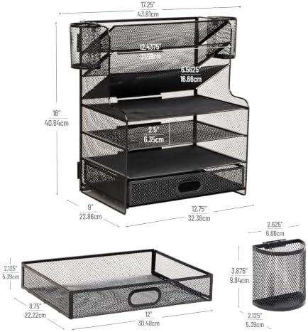 Mind Reader Mesh Desk Organizer, 6 Compartments, 1 Drawer, 2 Pen Cups, Office Desktop Organizer, Metal Mesh, Black - Image 3