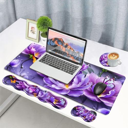 4 in 1 Ergonomic Memory Foam Mouse Pad Wrist Rest Set, Large XXL Gaming Desk Pad + Keyboard Wrist Rest + Mouse Wrist Cushion + Coaster for Home Office Study Gaming, Purple Flowers and Butterfly - Image 7