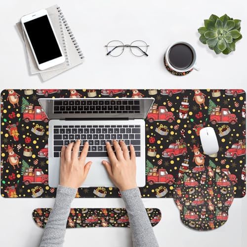 Britimes Keyboard Mouse Pad Set, 4 in 1 Desk Mat Set, Christmas Truck Red - Image 4