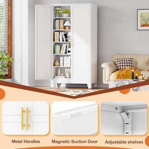 White Metal Storage Cabinet, 79" Kitchen Pantry Cabinets for Office - Image 5