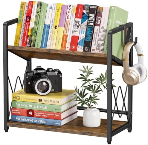 Desk Shelf Organizer, 2 Tier Desktop Bookshelf, Wooden Tabletop Bookshelf by Aailitefa