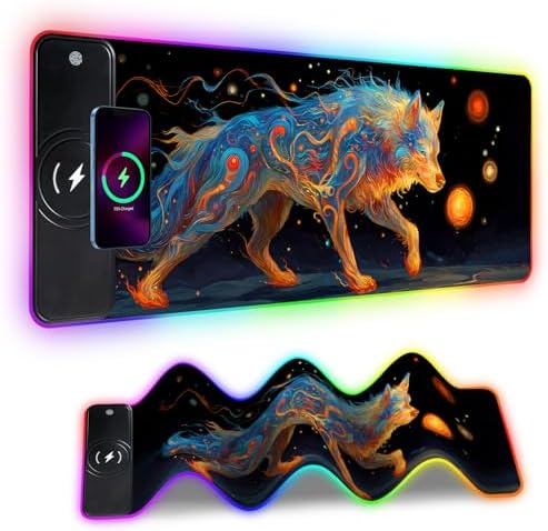Wireless Charging RGB Gaming Mouse Pad, 31.5 x 11.8 Inch Extended Mouse Mat with Cosmic Wolf Art Design, LED Desk Pad with 7 Lighting Modes, Non-Slip Base for Gaming & Office by THISFIND