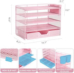 LEKETREE Desk Organizers and Accessories, 5-Tier Paper Letter Tray Organizer with Drawer & 2 Pen Holders, Desktop Organizer for Office Supplies (Pink) - Image 2