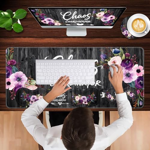 Keyboard Wrist Rest and Mouse Pad with Wrist Support Set Ergonomic Coaster,Memory Foam,Easy Typing Pain Relief,Large XL Desk Mat 31.5"x 11.8",Chaos Coordinator Quotes Vintage Watercolor Floral - Image 4