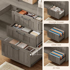 SEDETA Farmhouse L Shaped Computer Desk, 59'' Wood Office Desk with 3 Drawers and 5-Tier Bookshelf, Corner Desk with Storage Shelves and Power Outlet for Home Office Small Space, Grey - Image 5