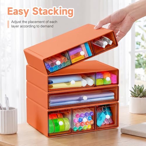 Desk Organizer with 9 Drawers, 4 Tiers Stackable Storage Drawers, Desktop Storage Box with Clear Drawers for Stationery, Makeup, Jewelry, Office and Craft Supplies (Orange) - Image 2