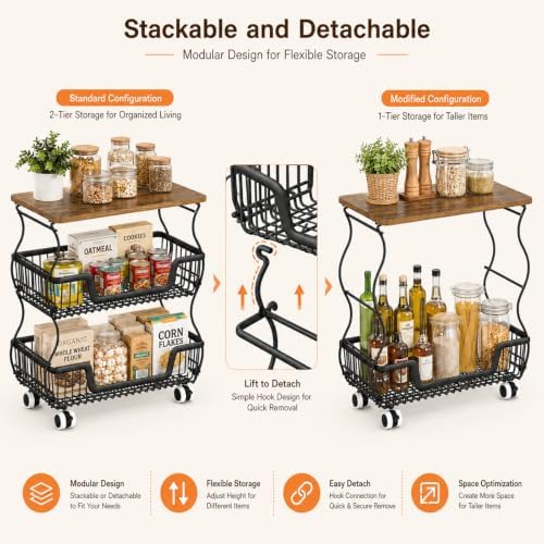 Fruit and Vegetable Storage, 3 Tier Fruit Basket with Wooden Top Table Kitchen Pantry Storage Bins and Organizers, Stackable Metal Rolling Cart for Vegetable Snacks Drinks Onion Potato Organization - Image 7