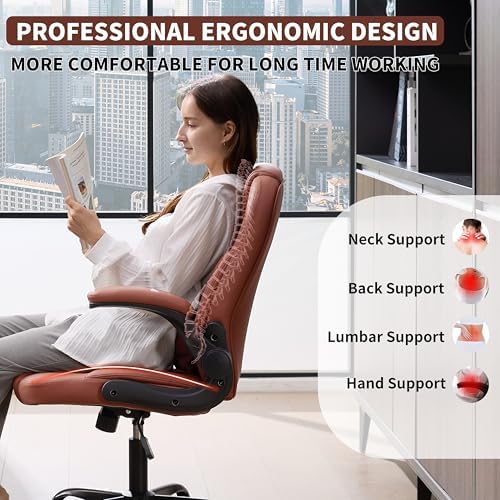 Leather Office Chair Swivel Lumbar Support for Short People Brown - Image 3