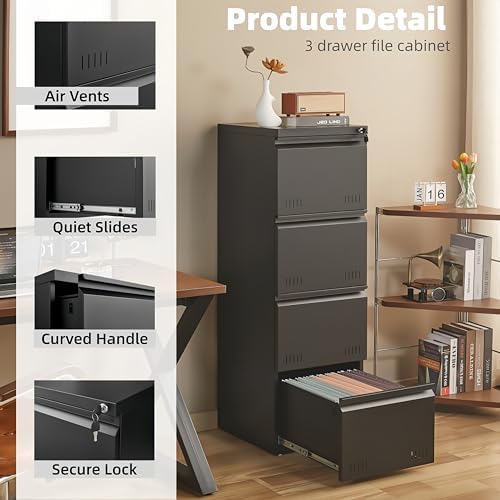 Guizeeopo Metal File Cabinet with Lock, Vertical 4 Drawer File Cabinets for Home Office, Heavy Duty Office Storage Cabinet for A4/Letter/Legal Size, Assembly Required(Black) - Image 4