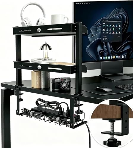 Clamp On Desk Shelves Organizer, Adjustable 2-Tier Desk Storage Rack with Large Trays, Phone Stand & Headphone Hook, No-Drill Setup for Office & Gaming Desks by Unknown