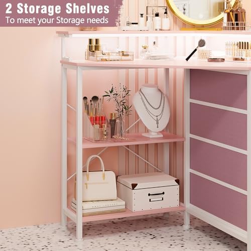 VENNQD Corner Desk with Drawers Shelves for Small Space 90 Degrees Triangle Computer Desk with Power Outlets,Gaming Desk with LED Lights Monitor Stand for Home Office Workstation Writing Table (Pink) - Image 7