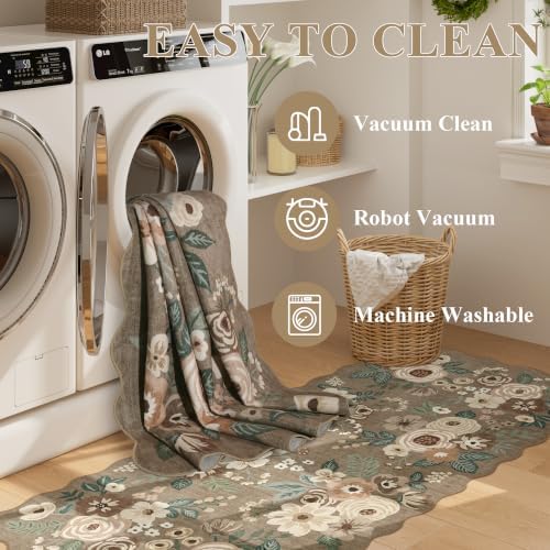 DUKINO 2x4 Rug for Entryway, Floral Washable Kitchen Rugs, Light Taupe - Image 6