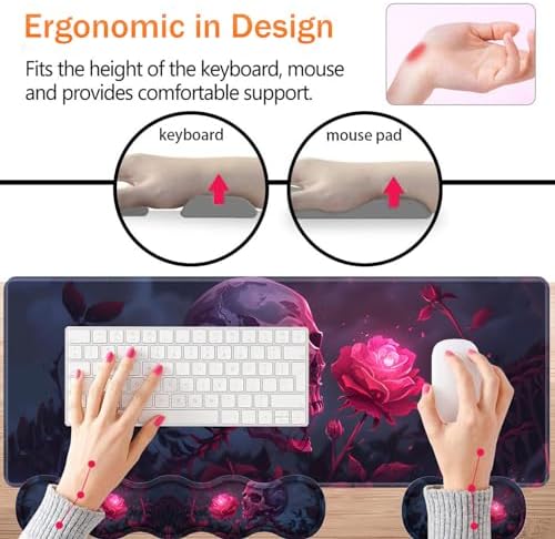 Large XXL Gaming Desk Mat 31.5"x 11.8", Ergonomic Keyboard Wrist Rest & Mouse Pad Wrist Rest + Coaster Set, Non-Slip Base, Memory Foam, Office and Home, Rose Skull - Image 3
