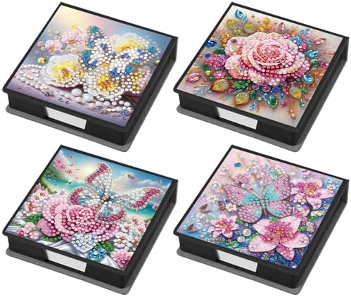 Diamond Art Painting Note Box, 4pcs Rose Butterfly PU Gem Art Storage Container with 640 Sheets, Relaxing DIY Craft Kit for Home Office Organization Birthday Anniversary by Unknown