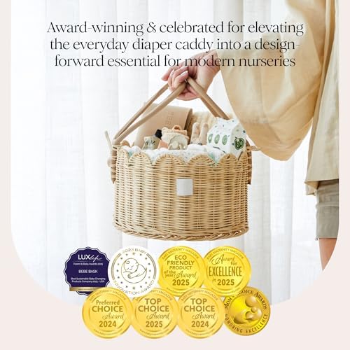 BEBE BASK Premium Baby Diaper Caddy Organizer - Scalloped Rattan Basket - Image 3