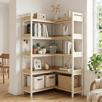 GTPLAYER 5-Tier Corner Bookshelf, L-Shaped Metal Frame Shelf with Tall 14" Shelves, Plant Stand and Storage Rack for Small Spaces, Living Room and Home Office, Light Oak by GTPLAYER