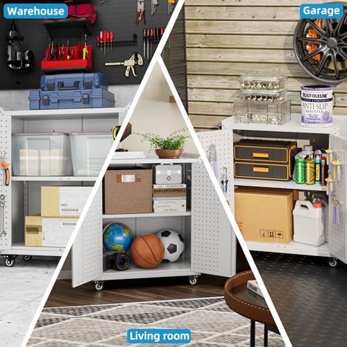 SUXXAN Storage Cabinet with Wheels and Pegboard, Rolling Garage Storage Cabinet with Locking Doors and Adjustable Shelf, Heavy Duty Steel Utility Cabinet for Home Office, Assembly Required - Image 7