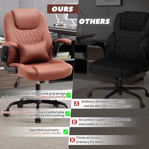 Leather Office Chair Swivel Lumbar Support for Short People Brown - Image 6