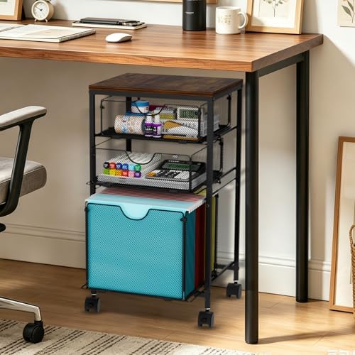 BOHDK Rolling File Cart with 3 Storage Drawers, Wood & Mesh Hanging File Folder Organizer with Wheels Under Desk, File Cabinets for Home Office, 11.81" D x 14.8" W x 25.39" H, Black - Image 2