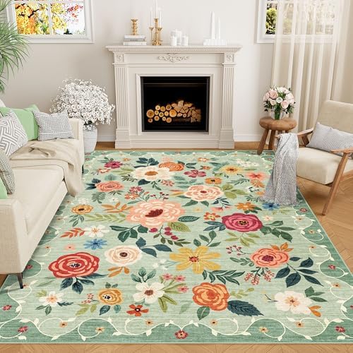 DUKINO 6x9 Area Rugs, Floral Washable Rug for Bedroom Non Slip, Green by DUKINO