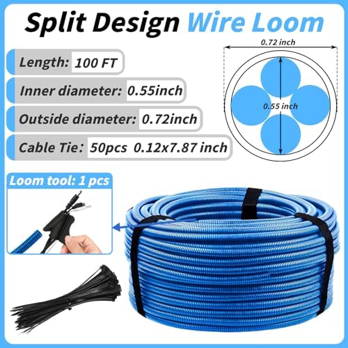 Oleitodh 100 ft 3/4 in OD Blue Split Wire Loom Tubing, with 50 Ties & Tool - Image 2