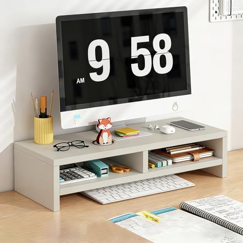 Solid Wood Monitor Stand Riser & Laptop Stand Desk Organizer - Office Accessories for PC Workspace, Computer Organization, Countertop Hutch Beige 19.7x7.9x5.2in with divider by Unknown
