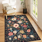 DUKINO 3x5 Area Rug, Floral Washable Rug for Bedroom Non Slip, Black by DUKINO
