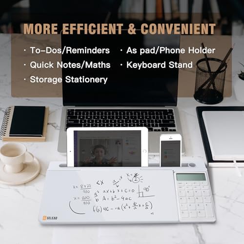 SELEAD Desktop Glass Whiteboard with Calculator & Built-in Mirror, White - Image 3