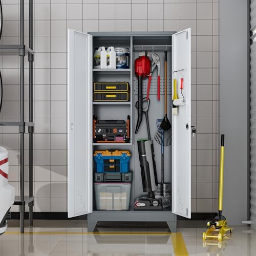 61" Metal Storage Cabinet with Lockable Doors, Cleaning Supply Cabinet with Pegboard and Hanging Rod. Garage Tool Storage Cabinets for Home, Laundry, Office, Home Kitchen Utility Cabinet - Image 4