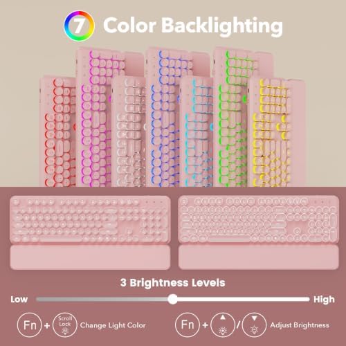 Rechargeable Backlit Wireless Keyboard and Mouse Combo, Retro Typewriter Keyboard with Magnetic Wrist Rest, Light Up Letters, 2.4GHz Cordless Connection for Mac, Windows PC, Laptop (Glowing Pink) - Image 2