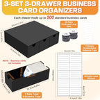 Business Card Storage Box 3 Pack, Stackable Business Card Organizer with 9 Pull-Out Drawers and Labels, Holds Up to 4500 Cards, Black Corrugated Desktop Filing Boxes - Image 2
