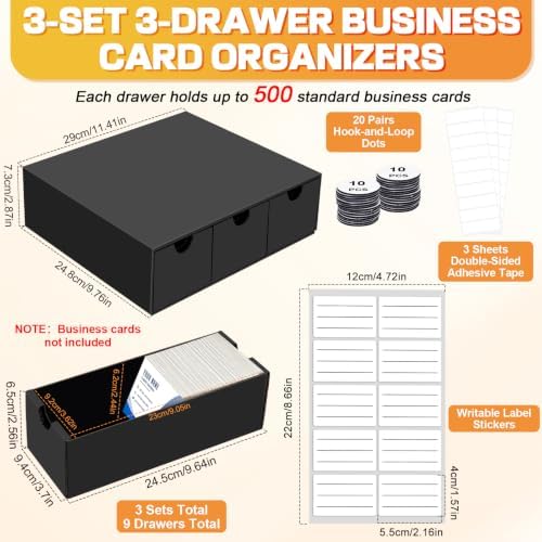 Business Card Storage Box 3 Pack, Stackable Business Card Organizer with 9 Pull-Out Drawers and Labels, Holds Up to 4500 Cards, Black Corrugated Desktop Filing Boxes - Image 2