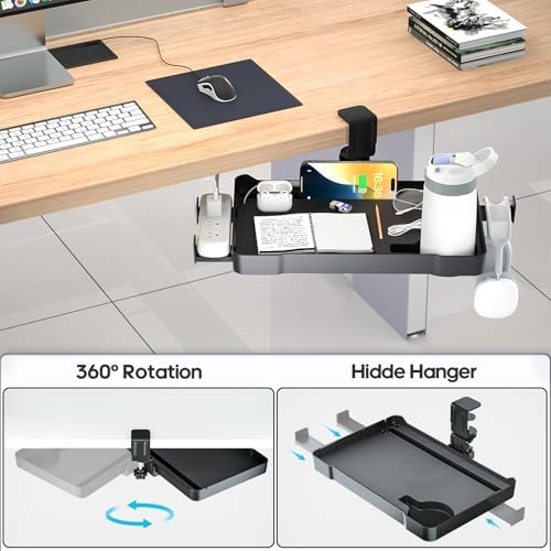 KDD Under Desk Organizer - 360° Rotating Clamp-On Tray with Headphone Hook, Phone & Tablet Holder, Cup Holder, and Cable Management - No Drilling Desk Storage Accessories for Office and Home - Image 4
