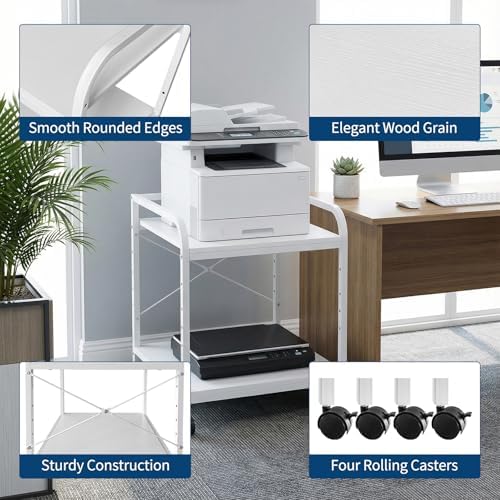 GarveeHome Under Desk Printer Stand, 20" Deep Large Printer Table with Height Adjustable Storage Shelf, 2 Tier Rolling Printer Cart with Wheels for Home Office, White - Image 4