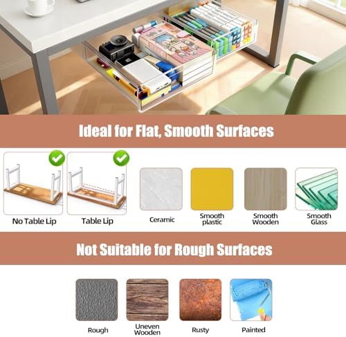 TooCust 2-Pack Under Desk Drawer for Desk with Frame & Beam, Fits Where Standard Drawers Can't, 52mm Heightened Slide Out Organizer, Dual Adhesive or Screw Mount, Clear PET Under Table Storage - Image 7