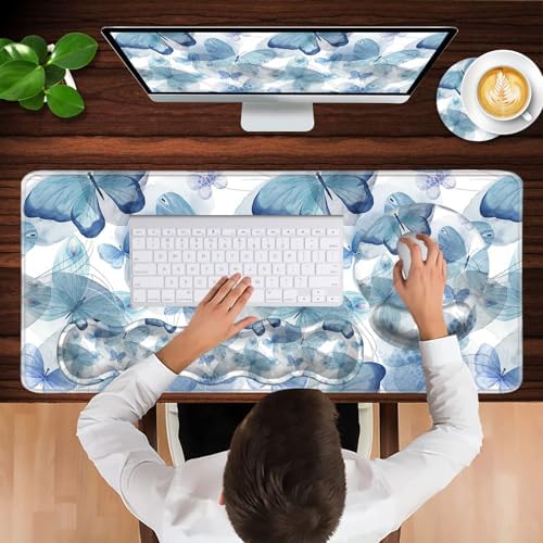 Mouse Pad,Large Pink Desk Mat, 4in1 XXL Mousepad + Keyboard Wrist Rest+Mouse Wrist Rest+Coaster Set with Ergonomic Desk Pad for Home Office Table Computer-Blue Butterfly - Image 4