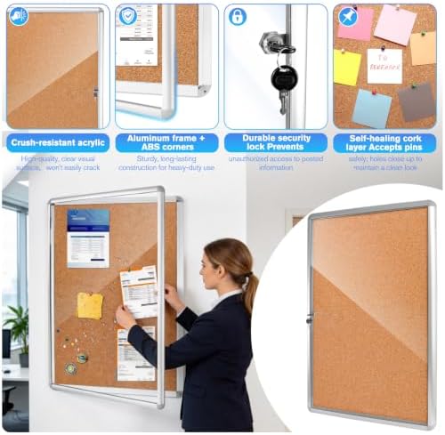 36x24 Lockable Enclosed Bulletin Board,Weatherproof Cork Display Case - Image 4
