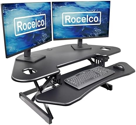 Rocelco 46" Height Adjustable Corner Standing Desk Converter - Quick Sit Stand Up Dual Monitor Riser - Gas Spring Assist Tabletop Computer Workstation - Large Keyboard Tray - Black (R CADRB-46) by Rocelco