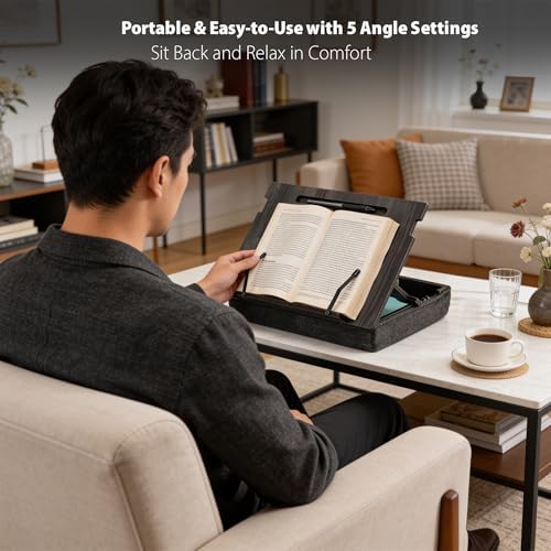 Vigo Wood Lap Reading Desk with Cushion, Adjustable Incline Book Stand with Storage Compartment (Cambridge-Black) - Image 3