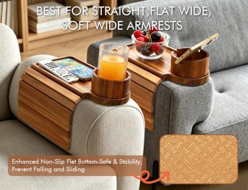 GHKINMAL 2 Packs Sofa Arm Tray with Cup Holder,Fits 6.3"+Arms,Acacia Color - Image 3