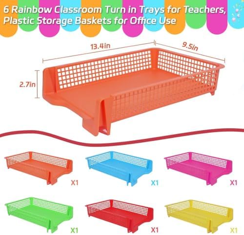 ZZYFGH 6 Pack Turn in Trays Classroom, Colorful Turn in Trays for Teachers, Plastic Classroom Paper Organizers, Stackable Tray for Classroom, Library, Drawers, Office Desk (13.4 * 9.5 * 2.7in) - Image 2