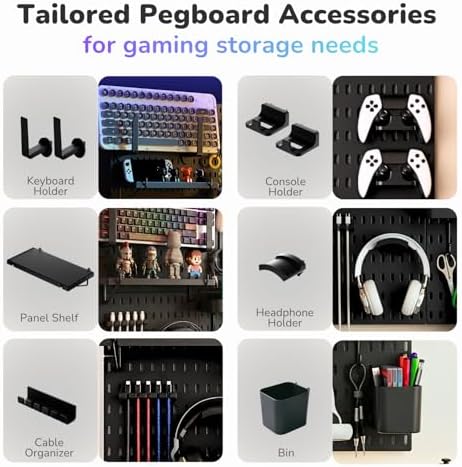 Keepo Peg Board Wall Organizer for Gaming Setup, Pegboard with Adhesives & Screw Mounts, Includes Peg Board Accessories for Gaming Accessories, Tech Storage & Office Organization (Black, 22″×22″) - Image 5