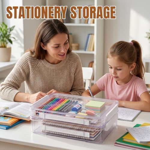 Clear Document Box, A4 Paper Storage Organizer with Snap Latches, Stackable File Case for Certificates Photos Letter Size, 14.37" x 9.44" x 1.37" & 14.37" x 9.44" x 2.75", White - Image 6